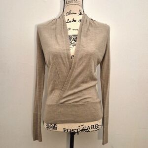 The Limited Merino Wool Blend Wrap Sweater M Taupe Long Sleeve Crossover Knit